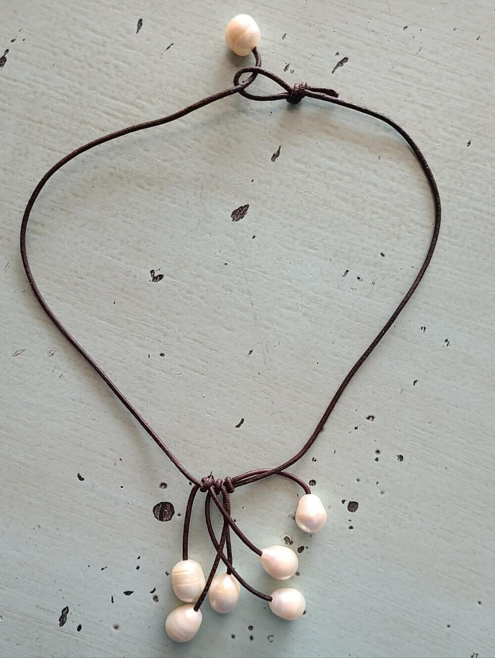 Handcrafted Brown Leather Necklace with Cream Pearl Clusters